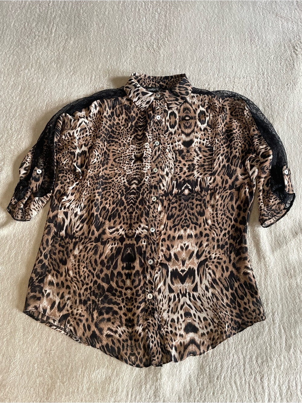 Wishful Park Leopard Animal Print Lace Button Down Blouse Size S Sheer Sleeve